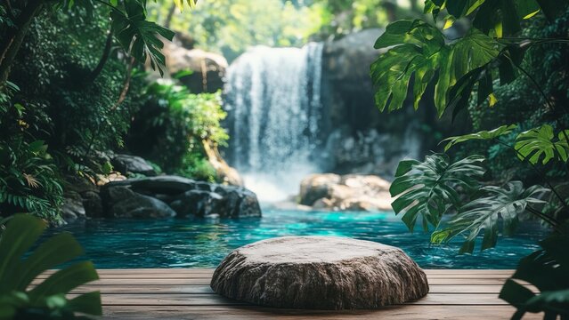 Lush tropical waterfall flowing into a clear blue pool surrounded by green jungle foliage, evoking travel adventure, relaxation, natural beauty, and exotic vacation destinations. - Powered by Adobe