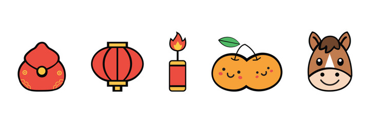 Cute Chinese New Year Vector Icons Set Red Envelope, Lantern, Horse, Tangerine for Festive Celebrations