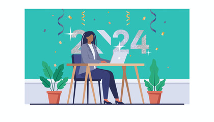 Fototapeta premium Professional woman working on laptop under glittering 2024 banner New Year business goals