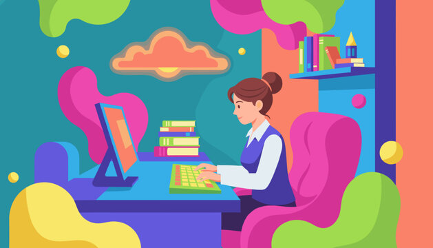 Happy woman working on a computer at a vibrant desk Remote work learning and education illustration - Powered by Adobe