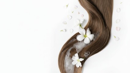 Hair Care: Showcase flowing, shiny hair adorned with fresh, delicate flowers, representing beauty and well-being. This image celebrates the natural radiance of healthy hair with gentle floral accents.