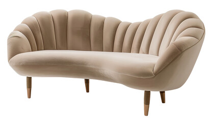 This design features a luxury velvet sofa with a sculptural shape. It stands out on a transparent background, making it easy to place in different layouts. Suitable for modern decor