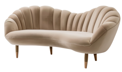 This design features a luxury velvet sofa with a sculptural shape. It stands out on a transparent background, making it easy to place in different layouts. Suitable for modern decor