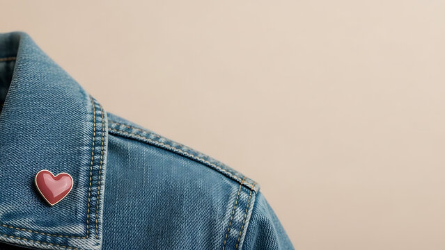 Close-up of a blue denim jacket collar adorned with a shiny pink heart-shaped pin against a plain light background.