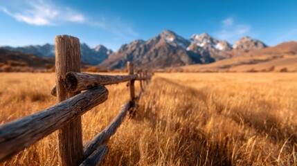 Obraz premium A scenic rural landscape showcasing golden fields and a rustic wooden fence with snow-capped mountains in the background, evoking tranquility and natural beauty.