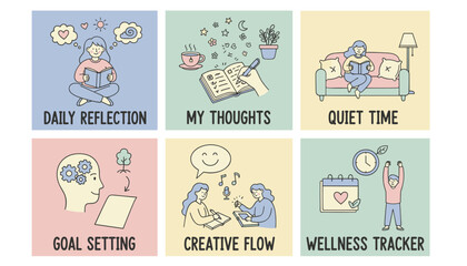 Fototapeta premium Six selfcare and mental wellness routines reflection journaling quiet time goal setting creativity and tracking doodles