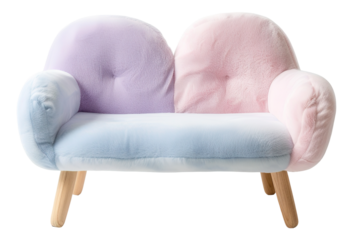This item features a mini sofa in soft pastel colors. It is cut out from its background and showcases a simple design with a plush texture. The sofa has a solid wood base