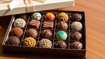 Assorted chocolates in a box with ribbon on wooden surface, light shines