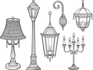 A Set of Detailed Black and White Line Art Illustrations of Ornate Table Lamps, Street Lanterns, Candelabras, and Hanging Crystal Light Fixtures.