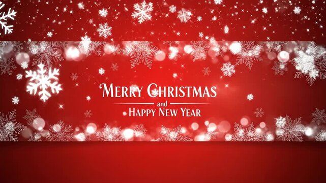 A Festive Red Background Greeting Card Featuring the Text 'Merry Christmas and Happy New Year' Surrounded by Elegant White Snowflakes