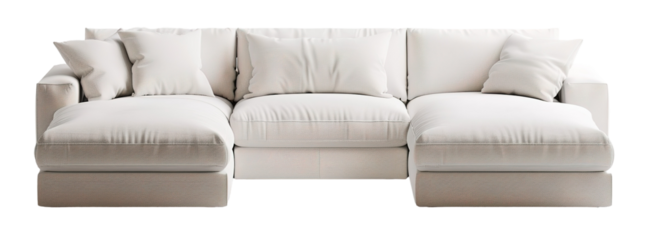 A sectional sofa sits on a transparent background with multiple cushions. It features neutral tones and a simple design, suitable for various spaces