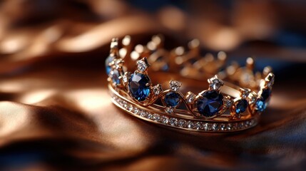A stunning gold crown embellished with blue gemstones resting gracefully on rich, silky fabric. The interplay of light highlights its opulence and intricate design beautifully.
