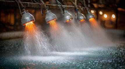 Closeup medium shot of wet method application on aluminum dust in an industrial setting using spray nozzles to reduce airborne particles.