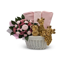 Charming Blue Baby Gift Basket with Koala Plush Toys , Little Koalas and Floral Accents Rose-Shaped Cloths  Cut-Out Clipping Path With Adobe Photoshop Pen Tool . PNG Transparent Gift Box Toy Hamper
