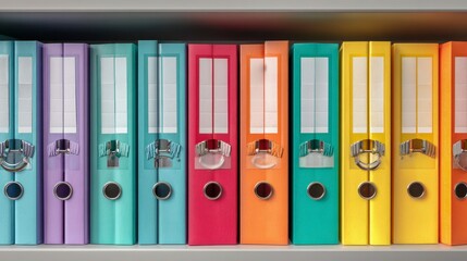 Close-up of colorful binders neatly arranged on a shelf. The spines face the viewer in a row, with various bright hues