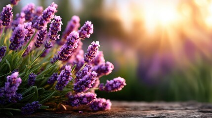 Obraz premium A serene lavender field in full bloom, basking in warm sunshine, evokes the feeling of peace, tranquility, and connection to nature in a fragrant and colorful landscape.