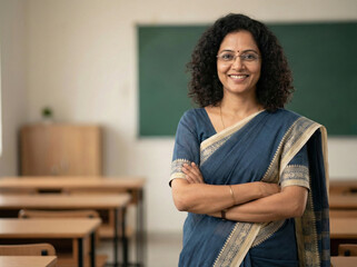 professional indian woman teacher in academic classroom setting conveying trust knowledge and leadership with clean copy space