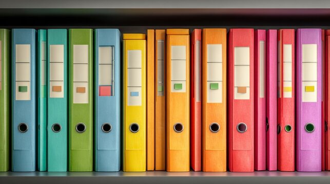 Close-up of a shelf packed with vibrant, color-coded ring binders. Arranged neatly, the binders feature white label inserts for easy organization