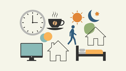 Daily Routine and Time Management Illustration with Home and Work Elements.