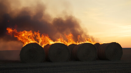 Hay bales ablaze under a sunset sky, flames licking at the round forms, black smoke billowing upwards.  Agricultural disaster or controlled burn in the golden light.