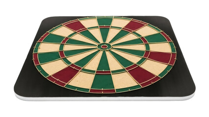 Isolated dartboard on square black board, game of skill, recreation, leisure pastime