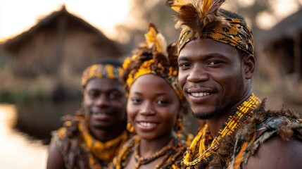 A joyful group celebrates with traditional attire and crafts, capturing smiles and cultural pride near serene water, representing the beauty of heritage and connection to the community.
