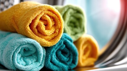 Fototapeta premium Soft, neatly rolled towels in vibrant colors showcasing freshness and warmth, evoking feelings of cleanliness and comfort in a cozy laundry room environment.