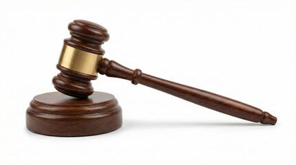 wooden judges gavel with sound block isolated on white background with copy space representing law justice authority and legal decision making