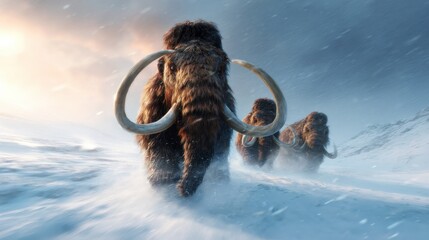 An impressive scene of woolly mammoths trudging through a harsh snowy environment, evoking the majesty of prehistoric wildlife and survival in extreme conditions.