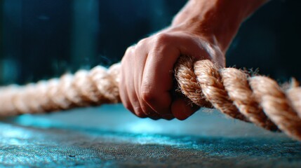 An intense close-up of a strong hand gripping a thick rope, symbolizing physical strength and perseverance during an exercise session focused on fitness and resilience.