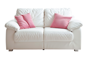 This sofa features slim arms and a modern design. It is white in color and includes pink pillows. The cut-out style is suitable for various interior design projects