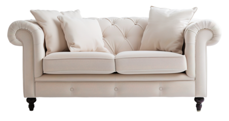 A cut-out element shows a modern apartment sofa with slim arms and cushions. The sofa is designed for contemporary living spaces and is shown against a transparent background