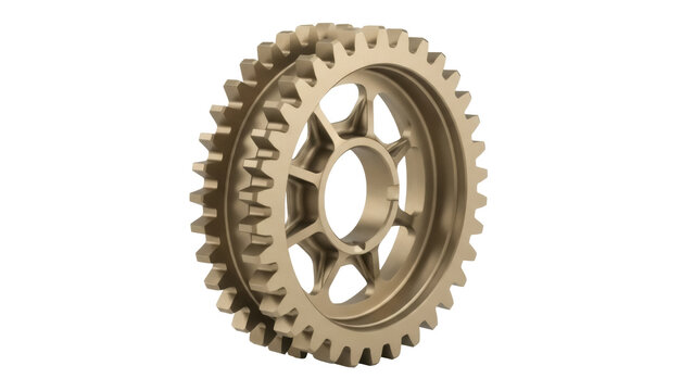 Isolated bronze gear with metal spokes connecting to central hub for rotation and mechanical work