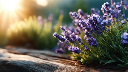 A field of lavender flowers basks in warm sunlight, creating a serene and peaceful atmosphere that evokes feelings of tranquility, nature's beauty, and the simplicity of life.