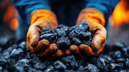 An illustrative close-up of strong hands gripping raw black coal, showcasing the importance of fossil fuels in energy production and the raw beauty of geological resources.