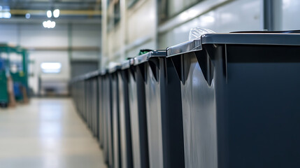 Aligned black containers in a factory setting form a neat, receding row, suggesting organized waste management or storage solutions in an industrial environment.