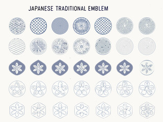 Collection of japanese traditional circular emblems and floral patterns in blue tones