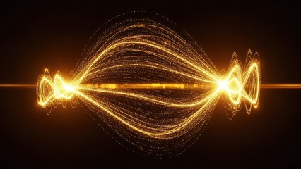 Gold streams converge; central bright line and looping forms on black