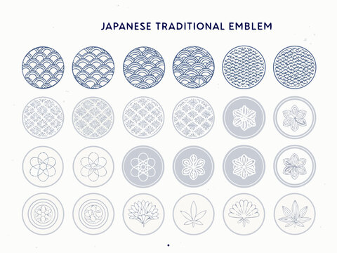 Collection of japanese traditional emblems and circular patterned design elements