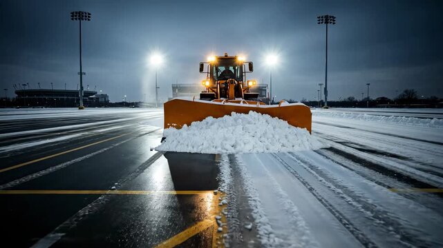A heavy-duty snow plow clears a snowy parking lot under bright stadium lights on a cold winter night, showcasing the intense work of municipal snow management.