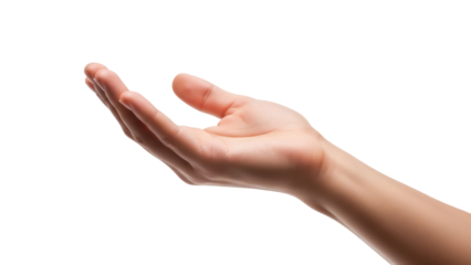 Isolated hand outstretched, open palm facing upward in a gesture of offering or presentation