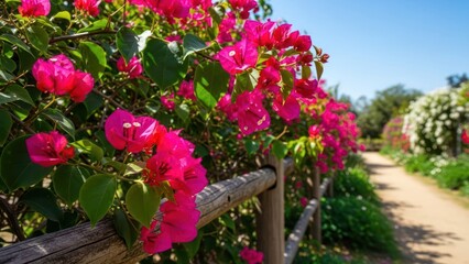 Bright pink bougainvillea blossoms beside a wooden fence along a garden path