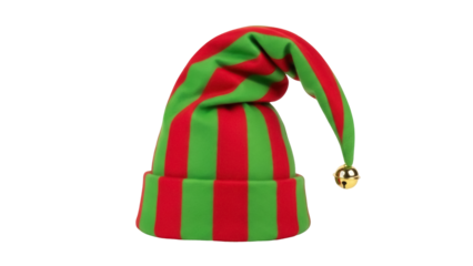 Isolated Christmas elf hat with stripes and jingle bell, festive holiday apparel for kids