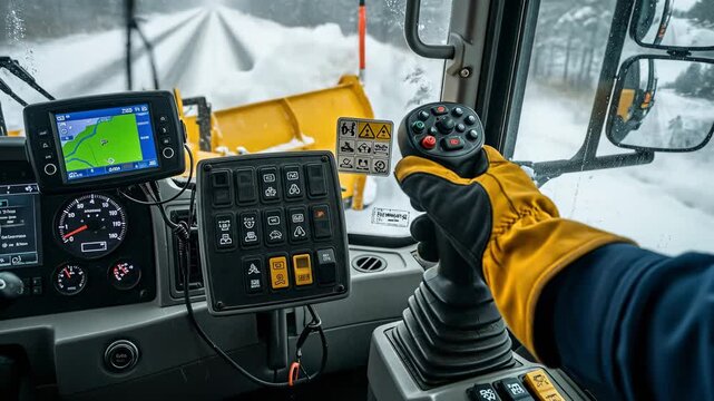 Winter Road Maintenance: Inside the Cab of a Snow Plow with a Snow-Covered Road Ahead and Control Panel Displaying Navigation and Status Information