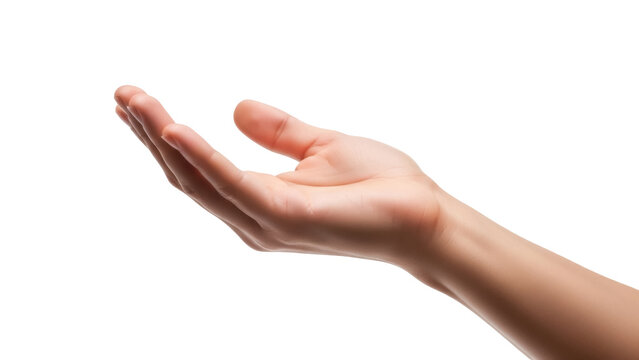 Isolated hand outstretched, open palm facing upward in a gesture of offering or presentation