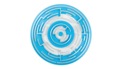 Isolated blue circular maze, concentric rings, complicated, puzzling, solution, challenge