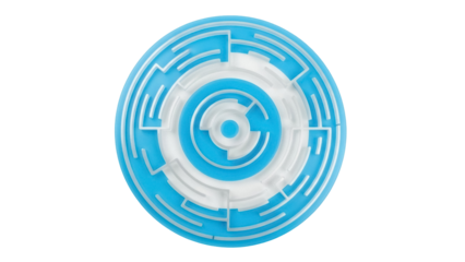 Isolated blue circular maze, concentric rings, complicated, puzzling, solution, challenge