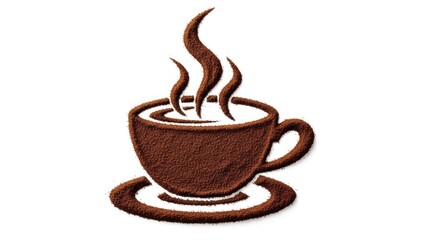 Brown coffee cup with rising steam, textured fill, set on a saucer, centered