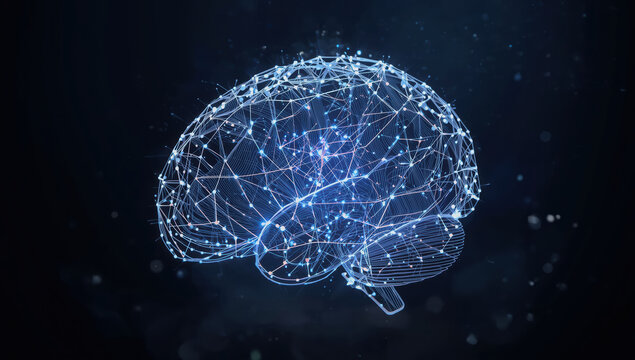 Digital neural network brain visualization glowing with connected nodes and lines, futuristic