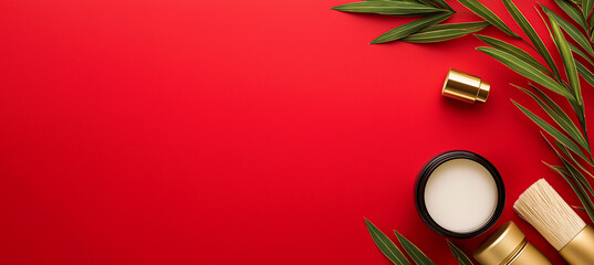 Red luxury skincare flatlay background beauty cream moisturizer